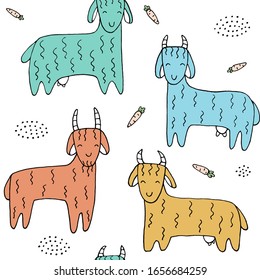 Seamless texture with funny goats and hand drawn elements. Childish background - animals on the farm. Eps10 vector line-art drawing.