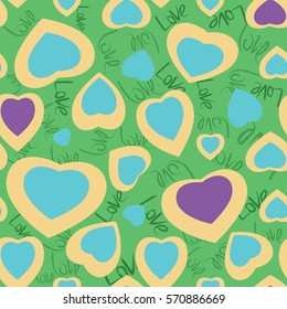 Seamless texture with funny hearts. Chaotic arrangement pattern with "Love" words on background
