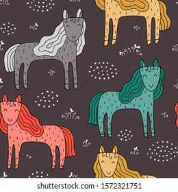 Seamless texture with funny horses and hand drawn elements. Childish background - animals on the farm. Eps10 vector line-art drawing.