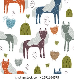 Seamless texture with funny horses and hand drawn elements. Childish background - animals on the farm. Eps10 vector line-art drawing.