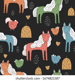 Seamless texture with funny horses and hand drawn elements. Childish background - animals on the farm. Eps10 vector line-art drawing.
