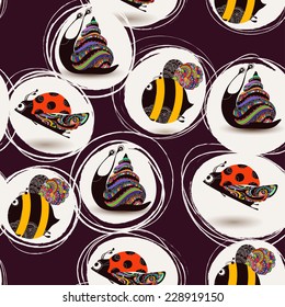 seamless texture with funny insects, patterns painted by hand