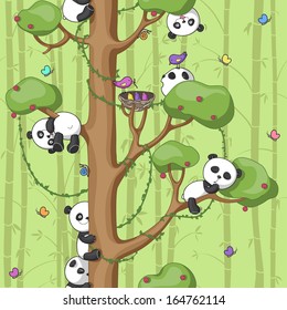 seamless texture with funny pandas on the tree, bright colors, vector illustration