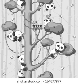 seamless texture with funny pandas on the tree, black and white, vector illustration