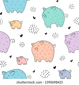 Seamless texture with funny pigs and hand drawn elements. Childish background - animals on the farm. Eps10 vector line-art drawing.