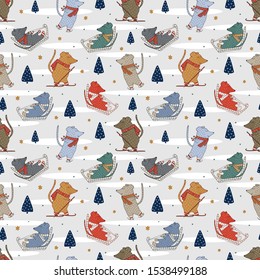 Seamless texture with funny rat in the winter. Winter, new year, Christmas. Drawing with line-art. Eps10 vector set.