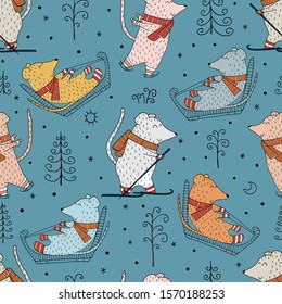 Seamless texture with funny rat in the winter and hand drawn elements. Winter, new year, Christmas. Drawing with line-art. Eps10 vector.