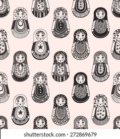 seamless texture with funny Russian dolls - matryoshka. Patterns handmade