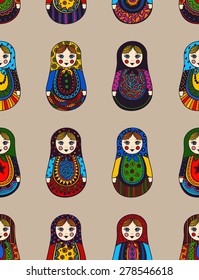 Seamless texture with funny Russian dolls - Matrioshka. Patterns handmade,  bright colors , bright background