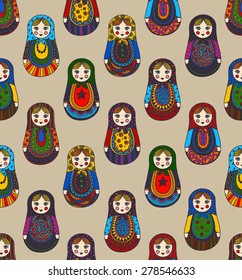 Seamless texture with funny Russian dolls - Matrioshka. Patterns handmade, bright colors