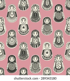 Seamless texture with funny Russian dolls - Matryoshka. Patterns handmade, pink background