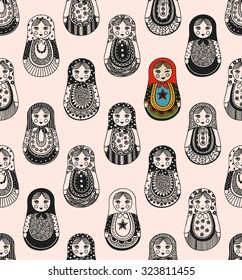 Seamless texture with funny Russian dolls - Matryoshka. Patterns handmade