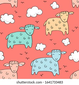 Seamless texture with funny sheep, lambs and hand drawn elements. Childish background - animals on the farm. Eps10 vector line-art drawing.