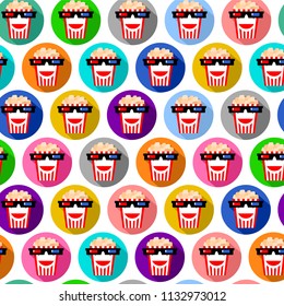 Seamless texture with funny symbol of the cinema, film screening and movies. popcorn in glasses for 3d, with a smile, the effects of hair and beard