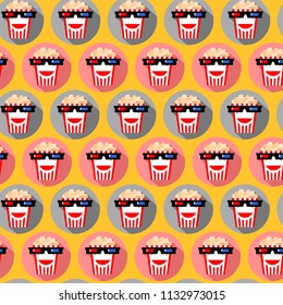Seamless texture with funny symbol of the cinema, film screening and movies. popcorn in glasses for 3d, with a smile, the effects of hair and beard