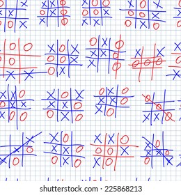 Seamless texture with the game Tic tac toe of red and blue color. Pencil sketch on a squared paper on white.