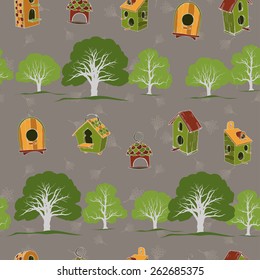 Seamless texture with garden and  birdhouses. Ukraine