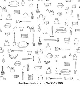Seamless texture with gardening tools. Hand drawn pattern. Ukraine