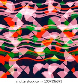 seamless texture with geometric shapes. Pink, red, black, green color. Wavy stripes and round elements