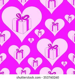 Seamless texture with gift boxes in pink hearts