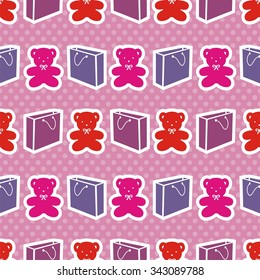 seamless texture with gift toys and pockets for holiday. Vector illustration
