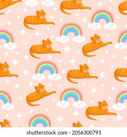 Seamless texture with ginger cat, clouds and stars and a rainbow for textiles, fabric. Vector illustration of the pattern