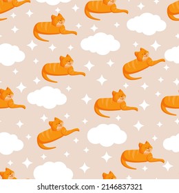 Seamless texture with ginger cat, clouds and stars for textile, fabric. Vector illustration of the pattern.