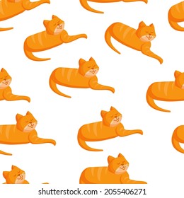 Textura sin foco con gato jengibre para tela, tela. Ilustración vectorial del patrón