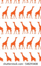 Seamless texture with giraffes. Orange silhouettes of giraffes on a white background. Tropical illustration. Repeated pattern. 
