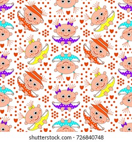 Seamless texture with girls in bright dresses and with freckles