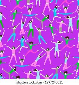 Seamless texture with girls in different poses on a purple background. Vector illustration.