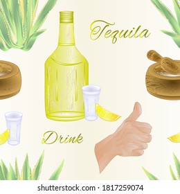 Seamless texture glass of tequila with salt and lime Cactus agave and o.k.human hand vector