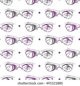 Seamless texture with glasses. Glasses drawn in ink. Great textures for your design. Good original background for your blog.