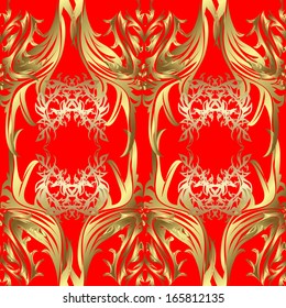 seamless texture of gold patterns on a red background