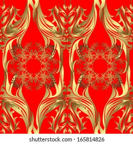seamless texture of gold patterns on a red background