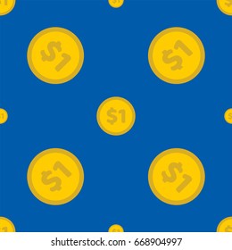 Seamless texture with golden coins flat style pattern. Money icons with USA currency symbols.