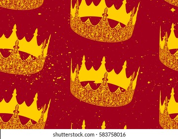 Seamless texture with golden crowns. Golden crown on a red background. Repeated pattern. It can be used as wallpaper, upholstery, wrapping, fabric or your design.