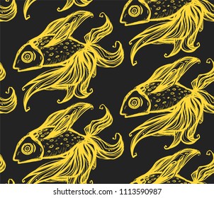 Seamless texture with golden fish. Repeating background. Tile pattern. Can be used as wallpaper, desktop, wrapping, fabric or background for your blog, covers, cards.
