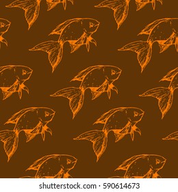 Seamless texture with golden fishes. Bright orange fishes on dark background. Sea life, marine inhabitants. It can be used for fabric, backgrounds, wallpapers, covers  or your design.