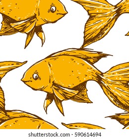Seamless texture with golden fishes. Bright yellow fishes on a white background. Sea life, marine inhabitants. It can be used for fabric, backgrounds, wallpapers, covers  or your design.