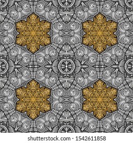Seamless texture. Golden fishnet snowflakes inscribed in a silver pattern.