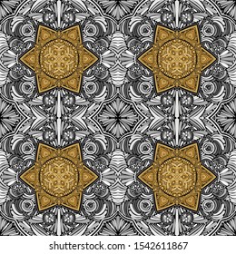 Seamless texture. Golden fishnet snowflakes inscribed in a silver pattern.