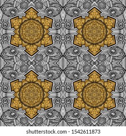 Seamless texture. Golden fishnet snowflakes inscribed in a silver pattern.