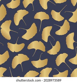 Seamless texture, golden leaves of Ginkgo Biloba on a blue background. Ornament for wrapping paper, wallpaper, fabric, clothes, textile. Vector illustration drawn by hand.
