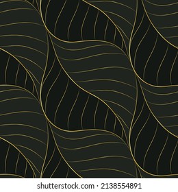 Seamless texture with golden lines on a black backdrop. Abstract background with a pattern of leaves. An elegant print with a simple veined foliage design. Vector illustration.