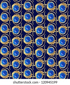 seamless texture with golden pattern and jewel blue color