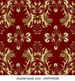 seamless texture with golden pattern on dark red background. 