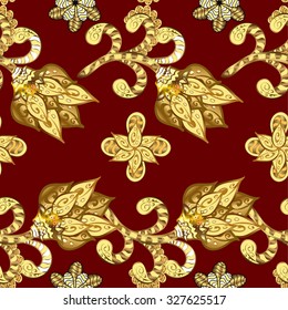 seamless texture with golden pattern on dark red background. 
