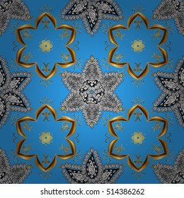seamless texture with golden pattern on blue background. Vector.