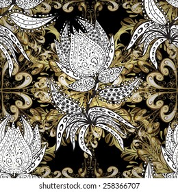 seamless texture with golden pattern and white and black doodles flowers